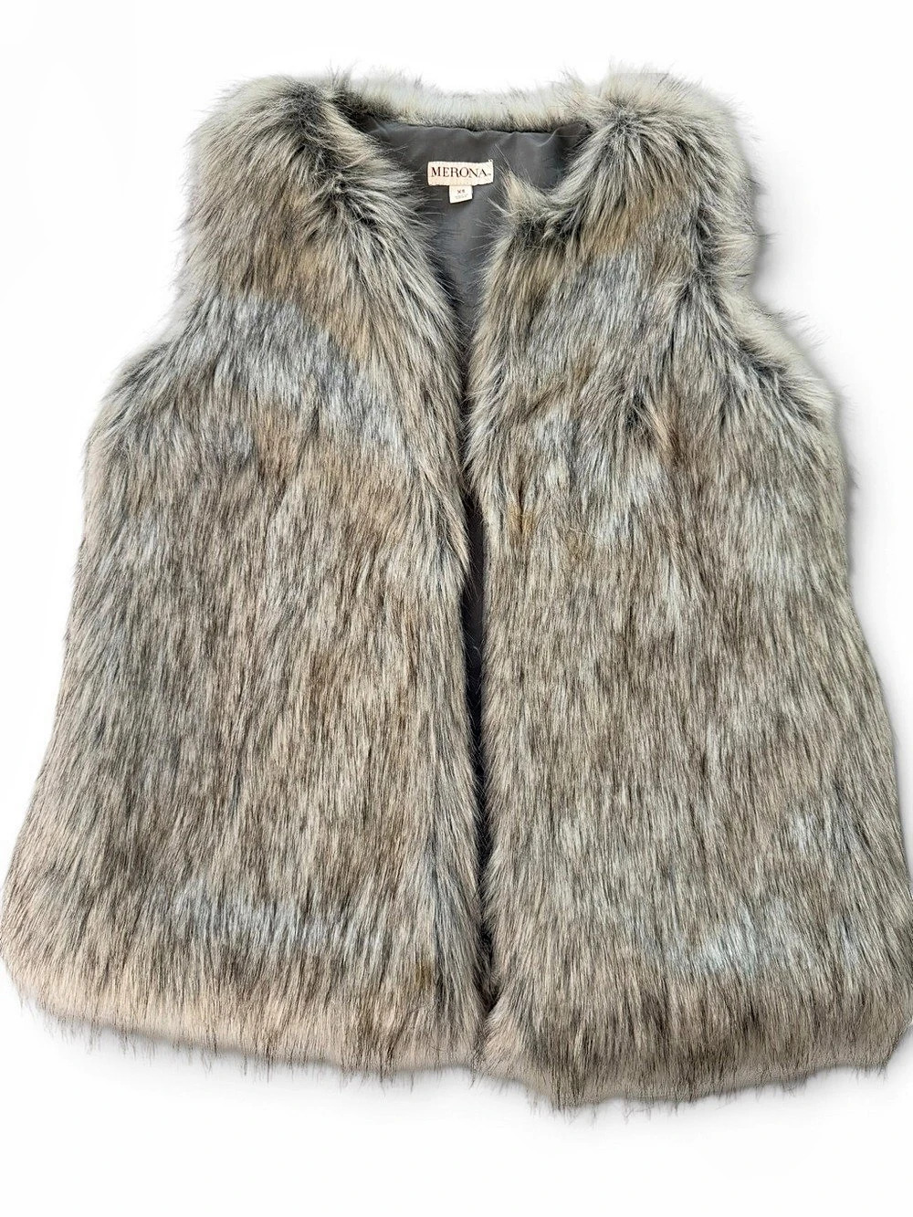 Merona Women’s XS Faux Fur Vest Gray Taupe Long Shaggy Open Front Lined